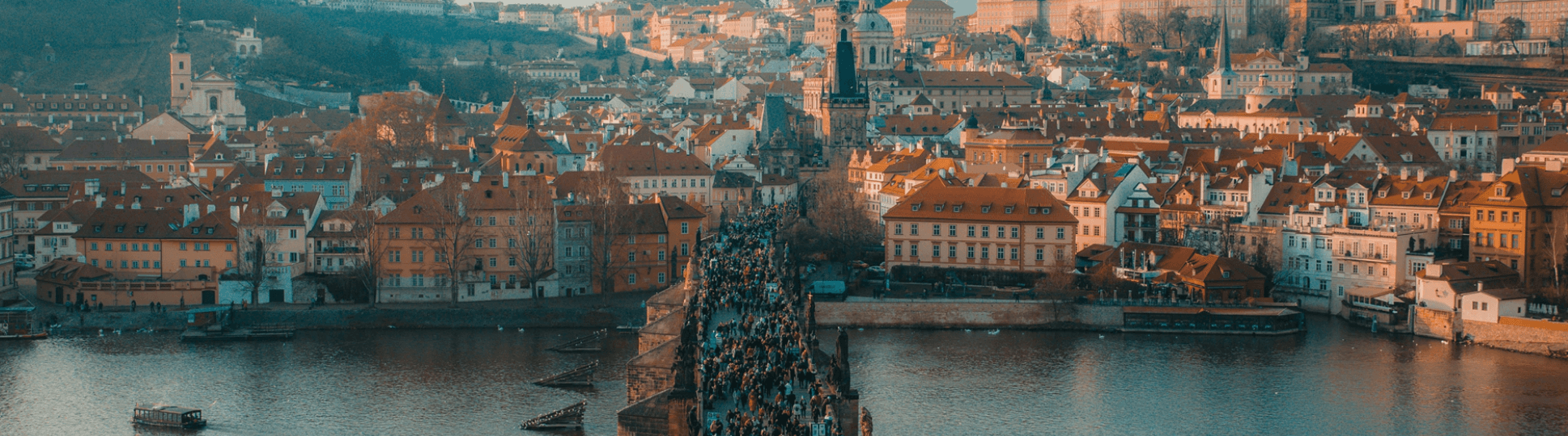 Aerial view of Prague rooftops, summer